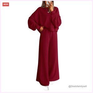 Women's 2-Piece Sweatsuit Set, Crewneck Sweatshirt & Wide Leg Sweatpants, Loose